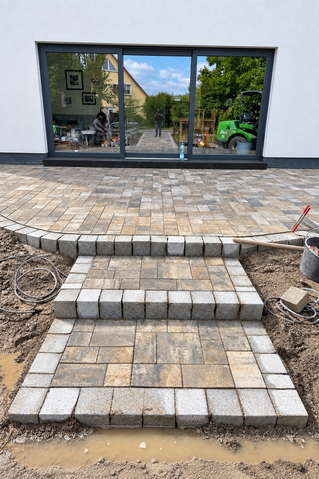 Terrasse mit Stufenanlage vor einer Glasfront