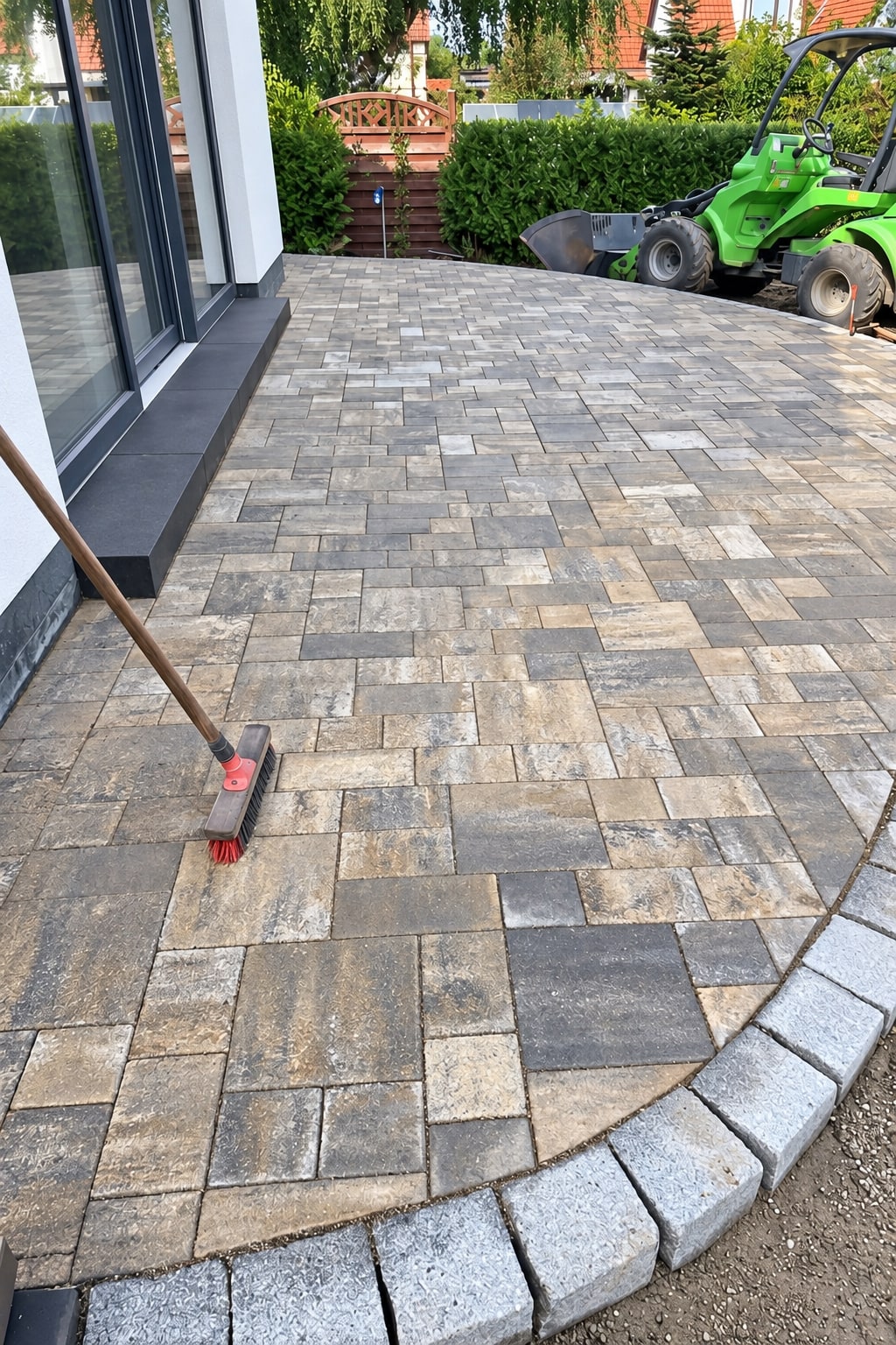 Salanova-Projekt: Pflasterterrasse mit geschwungener Einfassung im Bauverlauf